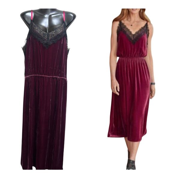 Sundance Norma Elegance Maroon Velvet Lace Trim Silk Blend Midi/Maxi Dress L - Picture 1 of 9